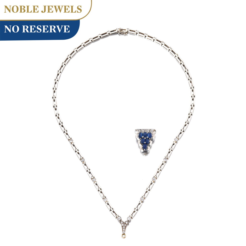 View full screen - View 1 of Lot 666. Sapphire and diamond clip, 1930s, and a diamond necklace | 藍寶石配鑽石別針,1930年代,鑽石項鏈一條.