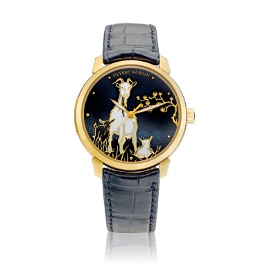 View full screen - View 1 of Lot 8043. Classico Goat, Reference 8156-111 | A limited edition pink gold wristwatch with cloisonné enamel dial, Made to celebrate the year of the goat, Circa 2015 | 雅典 | Classico Goat 型號8156-111 | 限量版粉紅金腕錶,備掐絲琺瑯錶盤,為慶祝羊年而製,約2015年製.