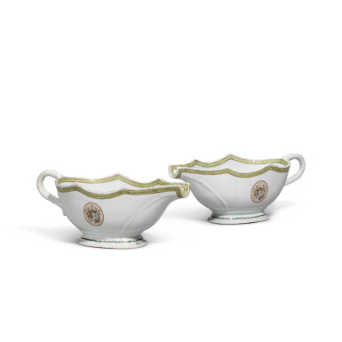 View full screen - View 1 of Lot 316. A pair of armorial famille-rose sauce boats, Qing dynasty, 18th century.