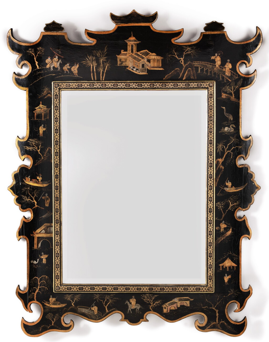 View full screen - View 1 of Lot 120. A GEORGE II STYLE BLACK AND GILT JAPANNED MIRROR, LATE 19TH/EARLY 20TH CENTURY.