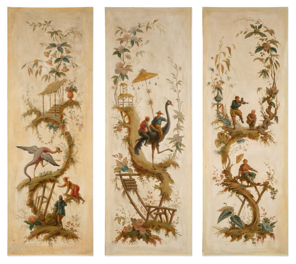 View full screen - View 1 of Lot 93. A Set of Three French Chinoiserie Painted Panels, After Jean-Bapiste Pillement, Circa 1750.