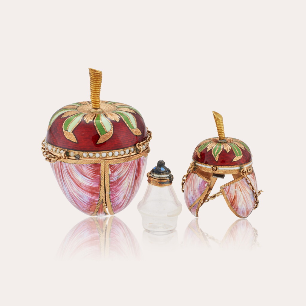 View full screen - View 1 of Lot 399. A gold and enamel tulip form watch with a matching vinaigrette, Circa late 19th century.
