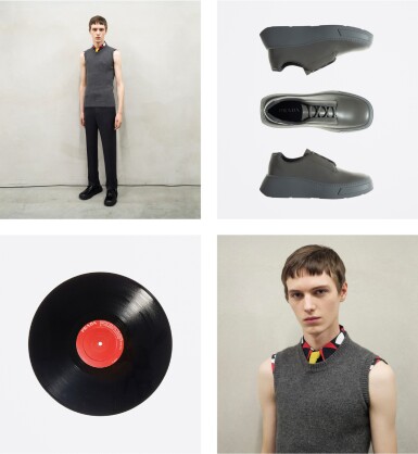 View full screen - View 1 of Lot 50. PRADA | OPENING LOOK OF THE SHOW. GEOMETRIC PRINT POPLIN SHIRT, POPLIN TIE, CASHMERE VEST, WOOL TROUSERS  WORN BY DAAN DUEZ.  LACE UP SHOES  AND SHOW SOUNDTRACK INSPIRATION BY FRÉDÉRIC SANCHEZ.