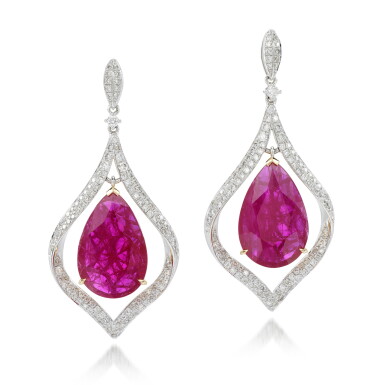 View full screen - View 1 of Lot 146. Pair of ruby and diamond earrings.