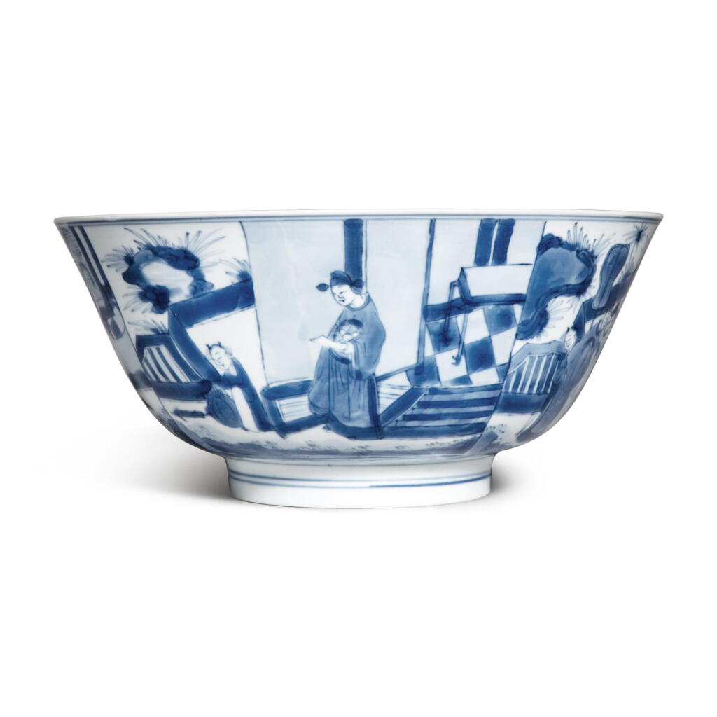 View full screen - View 1 of Lot 989. A blue and white 'Romance of the Western Chamber' bowl, Mark and period of Kangxi | 清康熙 青花西廂記故事圖盌 《大清康熙年製》款.