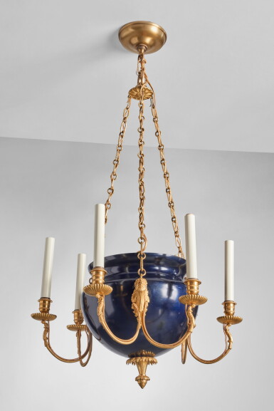 View full screen - View 1 of Lot 379. A Neoclassical Gilt and Blue-Enamelled Bronze Six-Light Chandelier, 19th Century.