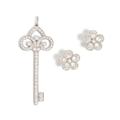 View full screen - View 1 of Lot 1670. 'Fleur de Lis Key' Diamond Pendant; and a Pair of Diamond Earrings | 蒂芙尼 | 'Fleur de Lis Key' 鑽石掛墜; 及 鑽石耳環一對.