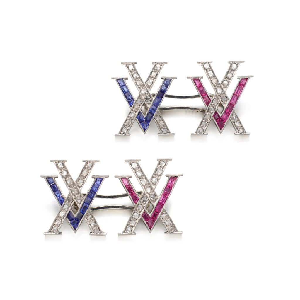 View full screen - View 1 of Lot 1122. Pair of ruby, sapphire and diamond cufflinks, 1920s.