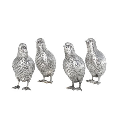View full screen - View 1 of Lot 66. A set of four German silver bird condiment shakers, Neresheimer, Hanau, also with London import marks for 1921.