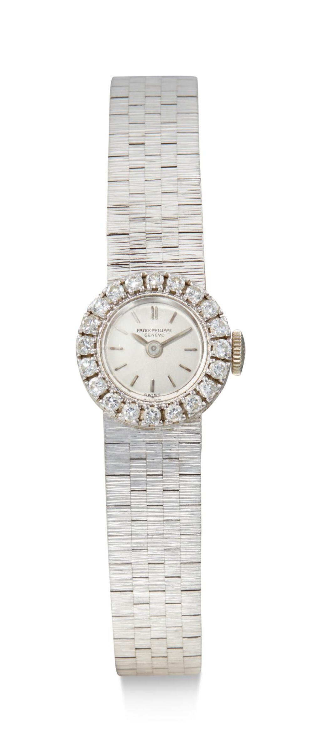 View full screen - View 1 of Lot 8092. PATEK PHILIPPE | REFERENCE 3282/25, A WHITE GOLD AND DIAMOND-SET BRACELET WATCH, CIRCA 1965.