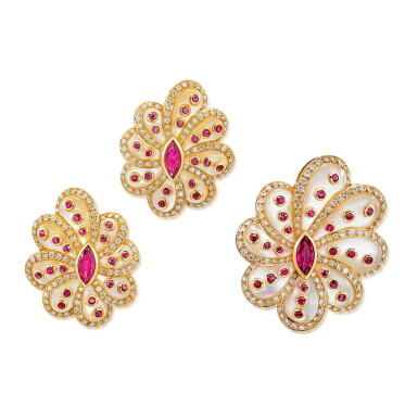 View full screen - View 1 of Lot 259. Ruby, Mother-Of-Pearl and Diamond Demi-Parure | 紅寶石 配 貝母 及 鑽石 胸針 及 耳夾套裝.