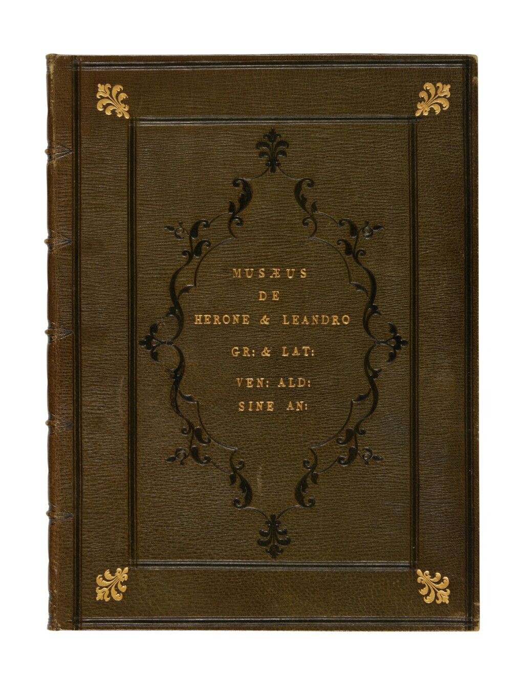 View full screen - View 1 of Lot 996. Musaeus, Opusculum de Herone et Leandro, Venice, Aldo, 1495 (Greek text), interleaved with 1497–1498 (Latin text), English olive morocco by Charles Lewis, the Botfield copy.