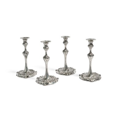 View full screen - View 1 of Lot 188. A Set of Four George II Silver Candlesticks, Maker's Mark IP Probably for John Preist, London, 1753-54.
