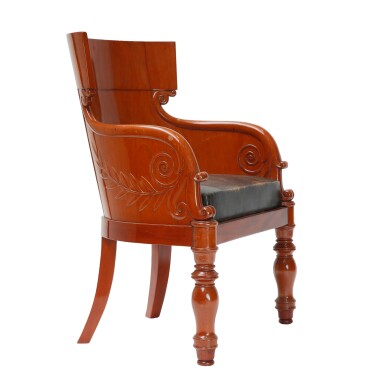 View full screen - View 1 of Lot 37. A CONSULAT MAHOGANY FAUTEUIL DE BUREAU À L'ÉTRUSQUE BY JACOB FRÈRES, CIRCA 1800.