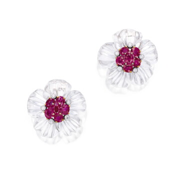 View full screen - View 1 of Lot 1609. Aletto Brothers | Pair of Rock Crystal, Ruby and Diamond Ear Clips | Aletto Brothers | 白水晶 配 紅寶石 及 鑽石 耳環一對.