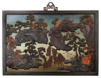 View full screen - View 1 of Lot 51. A finely carved jichimu and boxwood inlaid, zitan-framed ‘landscape’ panel Qing dynasty, Qianlong period | 清乾隆 紫檀框嵌雞鶒木及黃楊木雕山水樓閣圖掛屏.