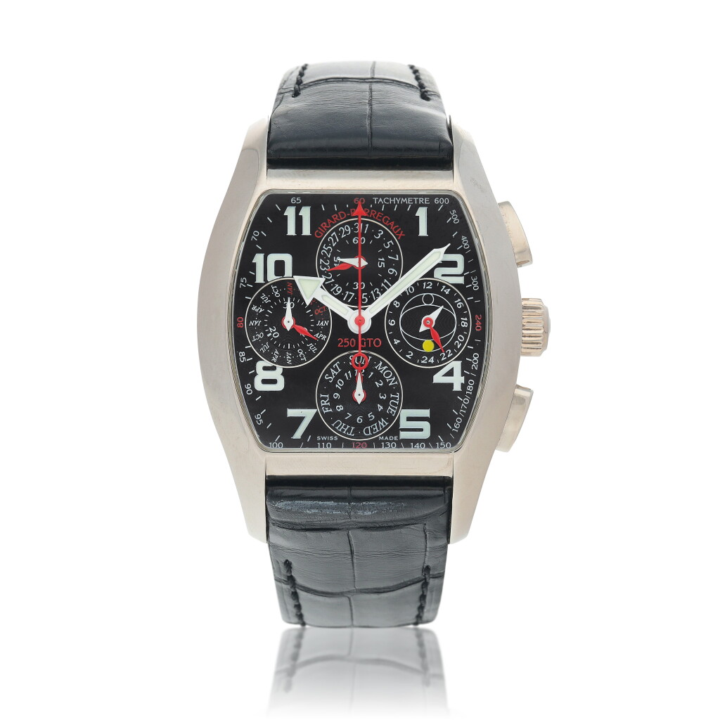 View full screen - View 1 of Lot 571. 250 GTO Unique white gold perpetual calendar chronograph wristwatch with dual time zone and 24-hour indication Circa 2005.