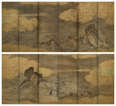 View full screen - View 1 of Lot 2099. Attributed to the Hasegawa School, Waves and rocks, Edo period, 17th century | 長谷川派 波濤図屏風 江戸時代前期 17世紀.