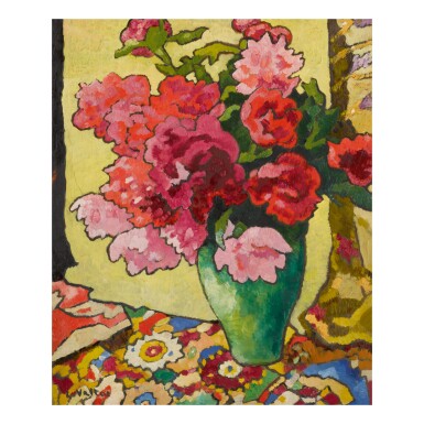 View full screen - View 1 of Lot 37. BOUQUET DE PIVOINES AU VASE VERT.