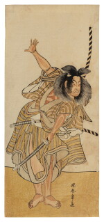 Attributed to Katsukawa Shunsho (1726-1792) | The actor Ichikawa Monnosuke II in a dramatic pose with two swords | Edo period, late 18th century