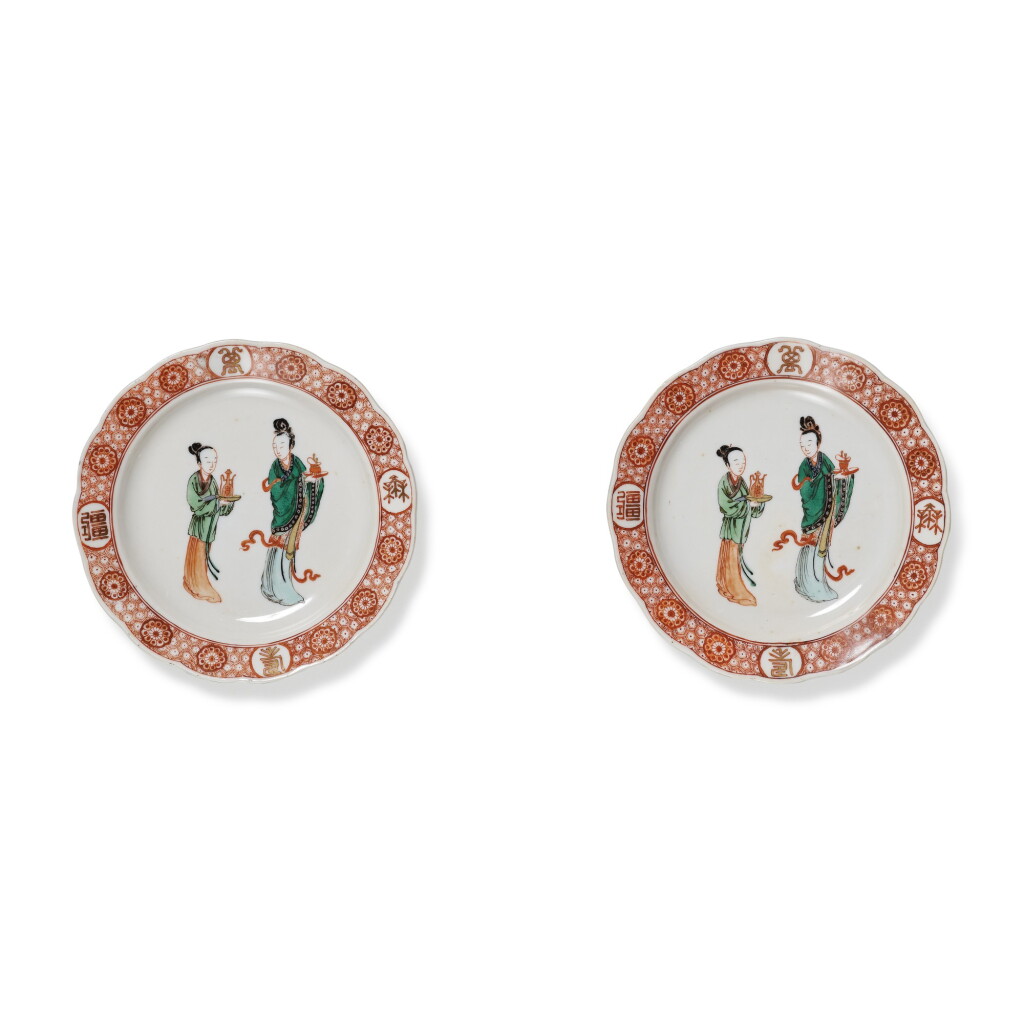View full screen - View 1 of Lot 257. A pair of small famille-verte 'birthday' dishes, Marks and period of Kangxi | 清康熙 五彩仙女祝壽紋小盤一對 《大清康熙年製》款.