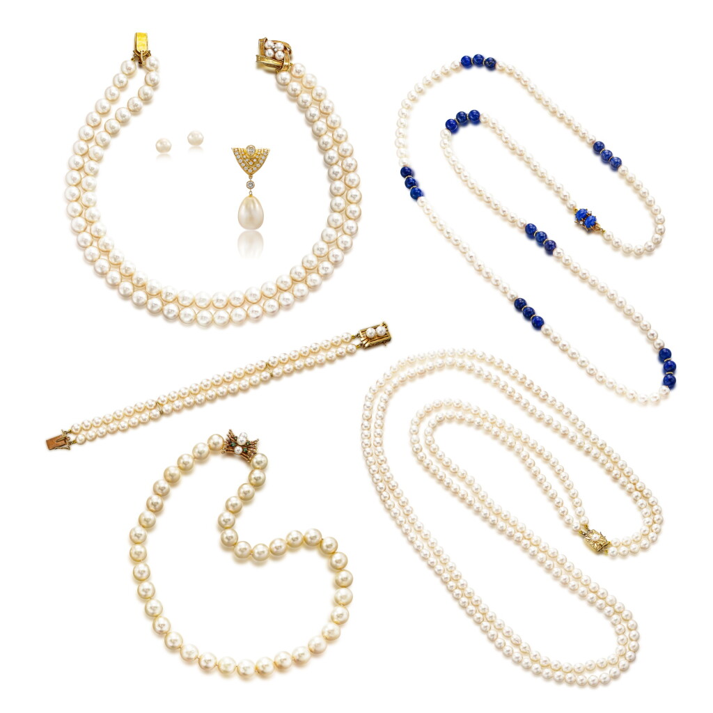 View full screen - View 1 of Lot 2009. Group of Cultured Pearl Jewellery; and Unsigned Cultured Pearl Necklace and Pair of Earrings | 御木本 | 養殖珍珠 珠寶一組 及 未署名 養殖珍珠 項鍊 及 耳環一對 .