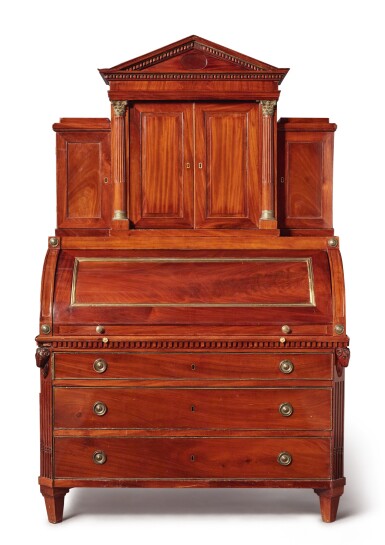 View full screen - View 1 of Lot 138. A NORTH GERMAN NEOCLASSICAL BRASS-MOUNTED MAHOGANY SECRETAIRE A CYLINDRE, CIRCA 1800.