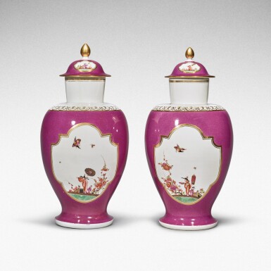 View full screen - View 1 of Lot 107. A pair of Meissen Augustus Rex purple-ground baluster vases and covers, Circa 1730 .