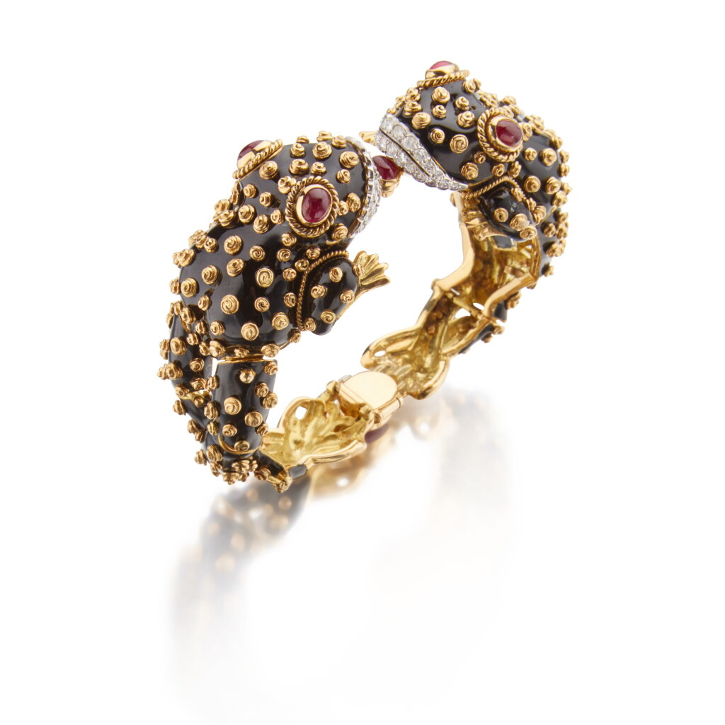 View full screen - View 1 of Lot 59. David Webb | Enamel, Ruby and Diamond Bangle-Bracelet.