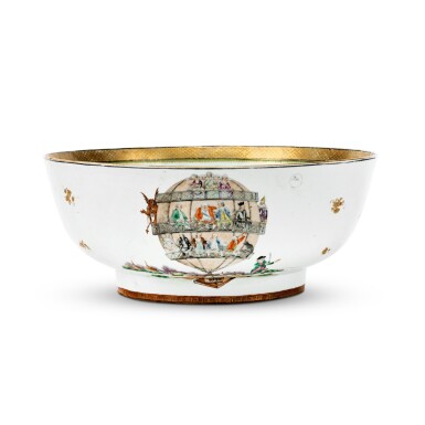 View full screen - View 1 of Lot 96. An Extremely Rare Chinese Export 'The Aerostatick Stage Balloon' Punch Bowl, Qing Dynasty, Qianlong Period, Circa 1786 | 清乾隆 約1786年 粉彩氣球圖大盌.