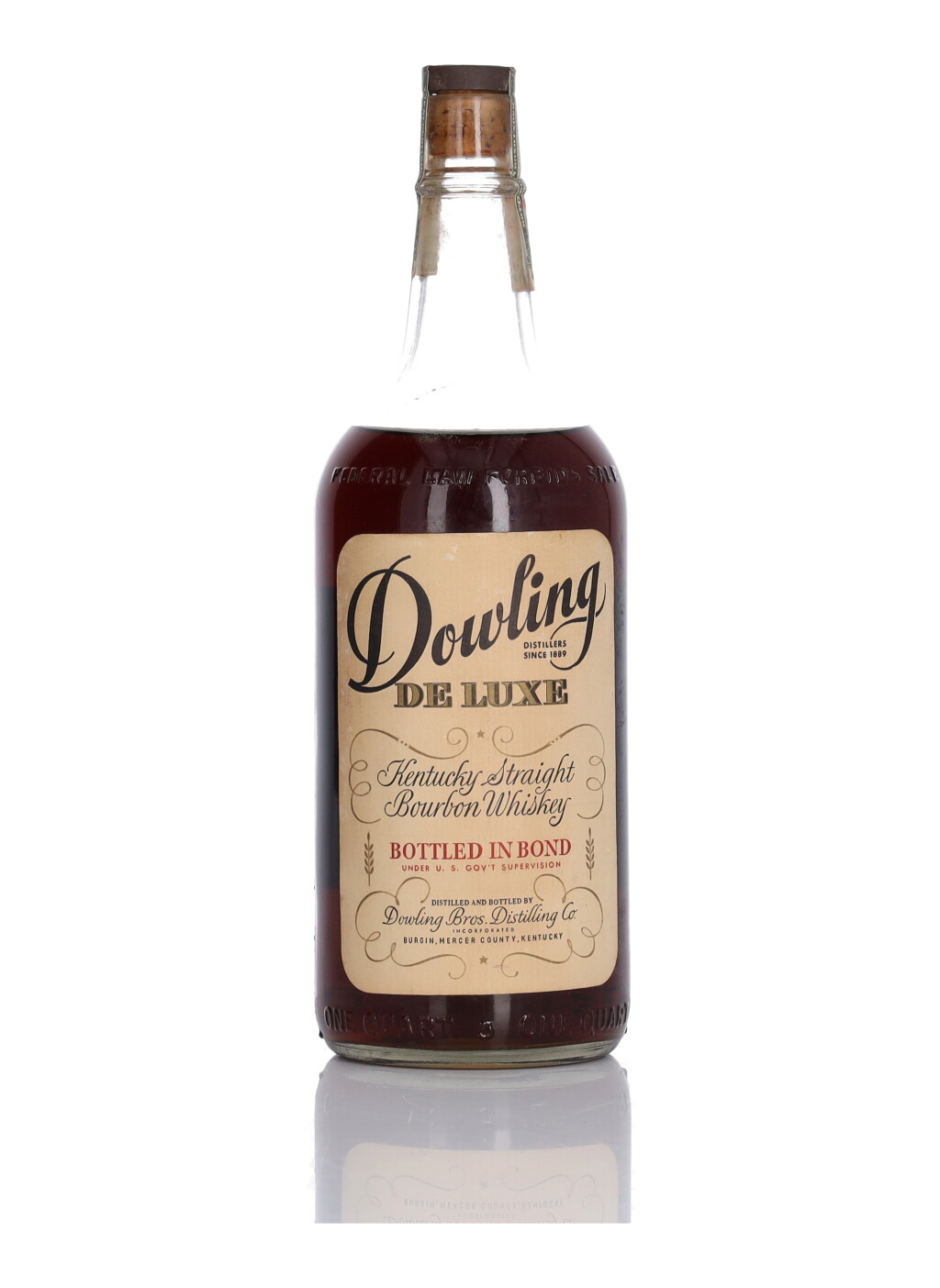 View full screen - View 1 of Lot 178. Dowling Deluxe 8 Year Old Bottled In Bond 100 Proof 1935 (1 Bottle Quart).