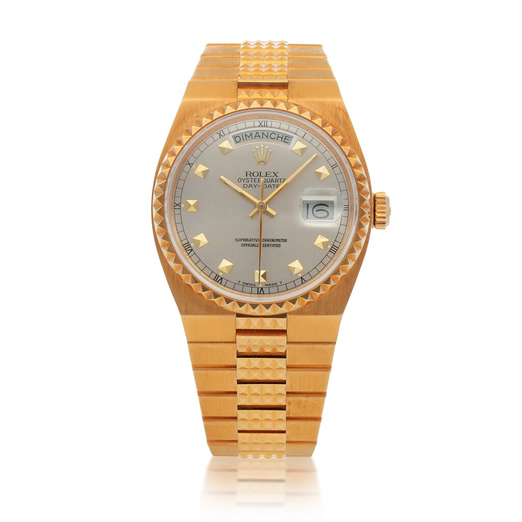 View full screen - View 1 of Lot 53. Oysterquartz Day-Date, Ref. 19028 Yellow gold wristwatch with day, date and 'Pyramide' bezel and bracelet Circa 1987 | 勞力士19028型號「Oysterquartz Day-Date」黃金鍊帶腕錶備星期及日期顯示,年份約1987.