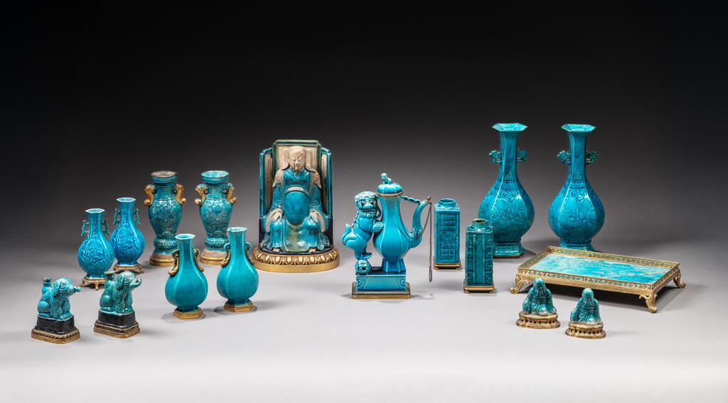 View full screen - View 1 of Lot 150. A group of seventeen gilt-bronze mounted turquoise-glazed wares, 17th - 18th century.