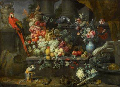 View full screen - View 1 of Lot 56. Still Life on a Terrace with Fruits and Vegetables, Flowers in a Vase, a Wine Cooler, a Monkey, a Tortoise, a Macaw, and a Grey Parrot.