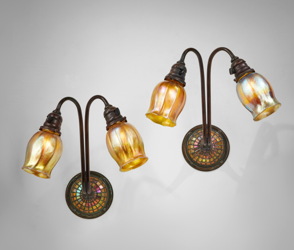 View full screen - View 1 of Lot 335. A Rare Pair of Two-Light Mosaic Sconces.