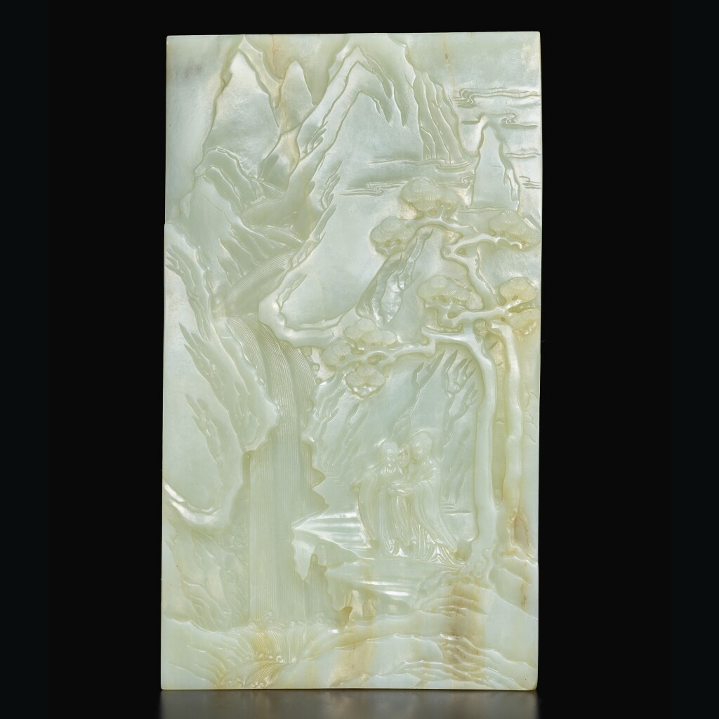 View full screen - View 1 of Lot 8. An important inscribed pale celadon jade table screen, Qing dynasty, Qianlong period | 清乾隆 青白玉雕臨泉圖插屏.