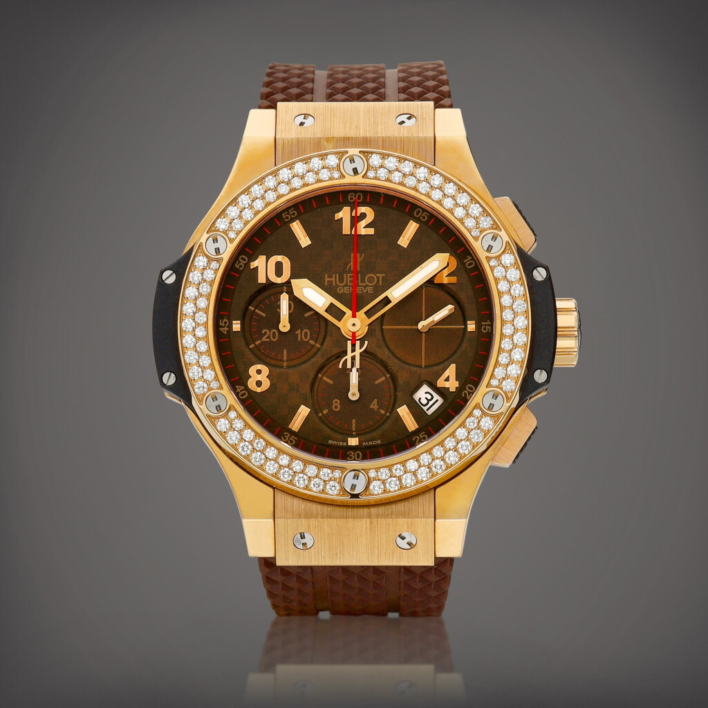 View full screen - View 1 of Lot 2178. Big Bang, Reference 341.PN.1007RX.114 | A pink gold and diamond-set chronograph wristwatch with date, Circa 2007 | 宇舶 | Big Bang 型號341.PN.1007RX.114 | 粉紅金鑲鑽石計時腕錶,備日期顯示,約2007年製.
