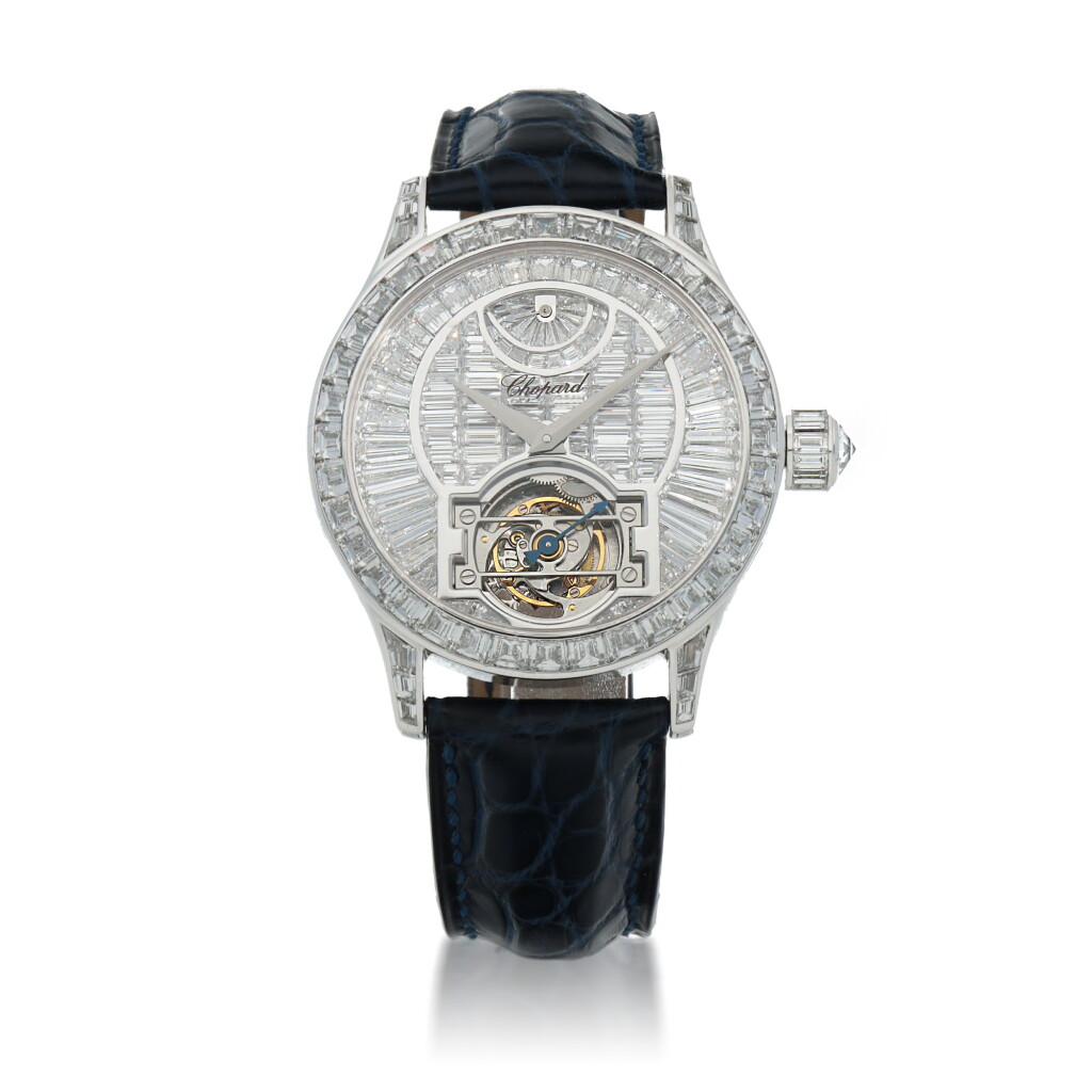 View full screen - View 1 of Lot 59. L.U.C. Tourbillon, Ref. 171908-1001 Limited edition white gold and diamond-set tourbillon wristwatch with power reserve indication and total diamond weight of 22.95 carats Made in 2005 | 蕭邦171908-1001型號「L.U.C. Tourbillon」限量版白金鑲鑽石陀飛輪腕錶備動力儲存顯示,鑽石總重22.95克拉,2005年製.