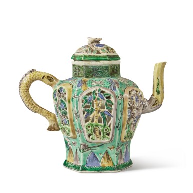 View full screen - View 1 of Lot 1002. A Chinese Famille-Verte Biscuit 'Three Friends of Winter' Hexagonal Winepot and Cover, Qing Dynasty, Kangxi Period.