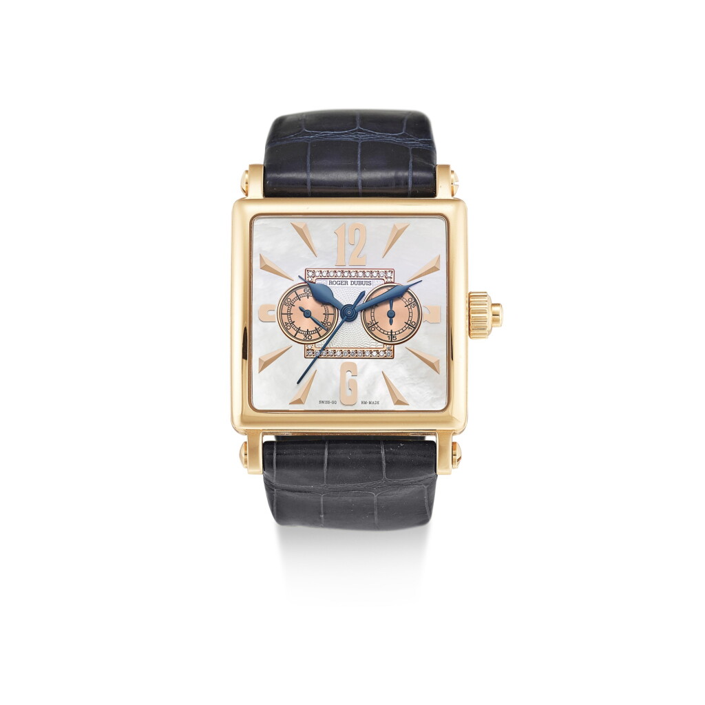 View full screen - View 1 of Lot 612. ROGER DUBUIS | GOLDEN SQUARE, REFERENCE G34 28 5 NG 1D.52, A LIMITED EDITION PINK GOLD AND DIAMOND-SET SINGLE BUTTON CHRONOGRAPH WRISTWATCH WITH MOTHER-OF-PEARL DIAL, CIRCA 2006.