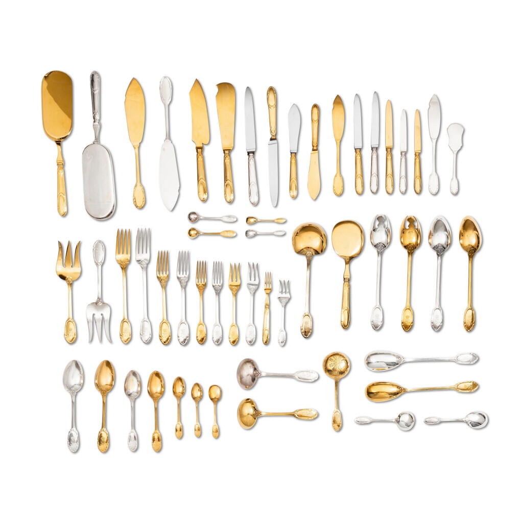 View full screen - View 1 of Lot 45. An exceptional 718-pieces silver and silver-gilt flatware service with the cypher of prince Galitzine, Keller, Paris, circa 1900 | Exceptionnelle ménagère de 718 pièces en argent et vermeil au chiffre du prince Louis Galitzine, par Keller, Paris, vers 1900.