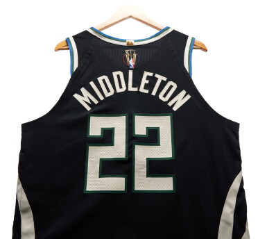 View full screen - View 1 of Lot 20. Khris Middleton Milwaukee Bucks 2024-2025 Emirates NBA Cup Semifinals Game Worn Statement Edition Jersey.