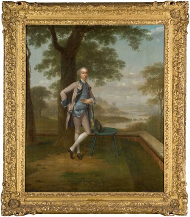 View full screen - View 1 of Lot 52. Portrait of a gentleman, full-length, standing on a terrace, wearing a grey suit and blue waistcoat, a river landscape beyond.