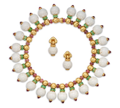 View full screen - View 1 of Lot 511. Gold, Ceramic and Gem-Set Necklace and Pair of Earclips.