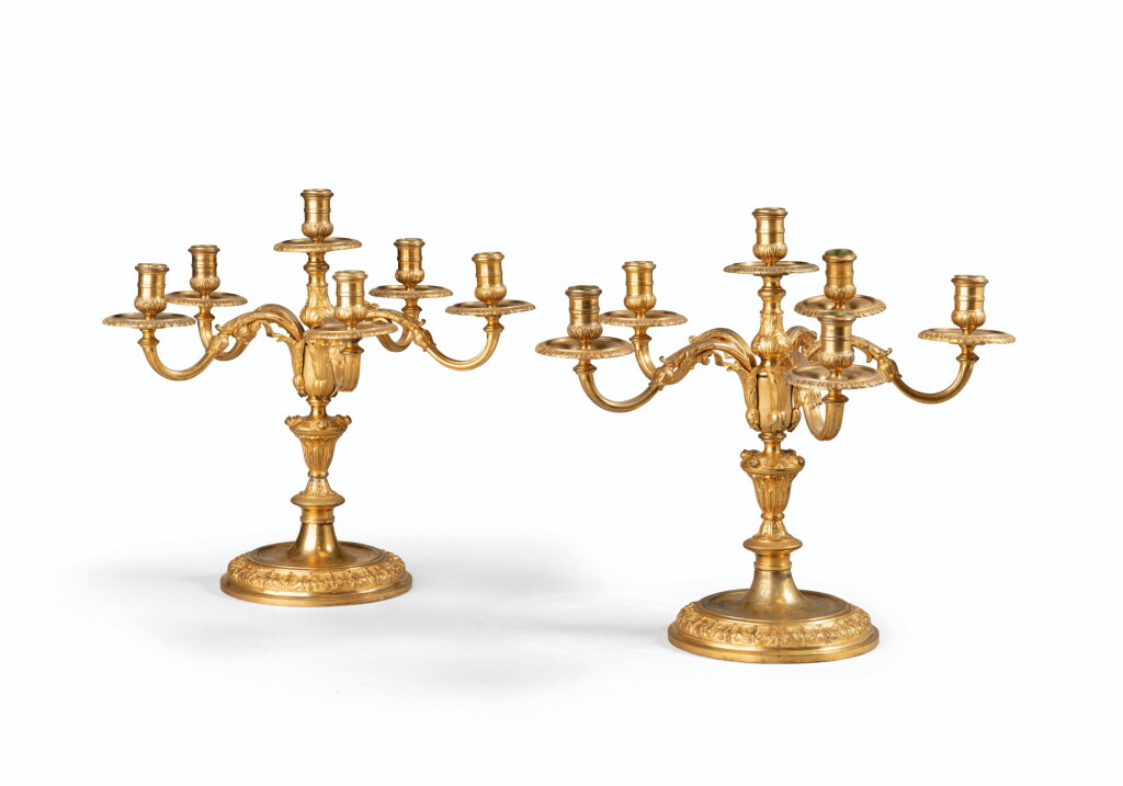 View full screen - View 1 of Lot 19. A PAIR OF LOUIS XIV GILT-BRONZE CANDELABRA | PAIRE DE CANDÉLABRES EN BRONZE DORÉ D'ÉPOQUE LOUIS XIV.