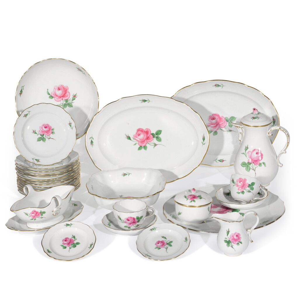 View full screen - View 1 of Lot 79. A Meissen `Pink Rose' pattern part dinner service, 20th century.