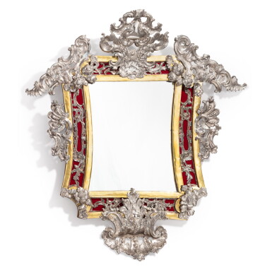 View full screen - View 1 of Lot 223. A large Rococo giltwood, gilt-brass mirror with silver parts, maker's mark FP, Prague, 1760.