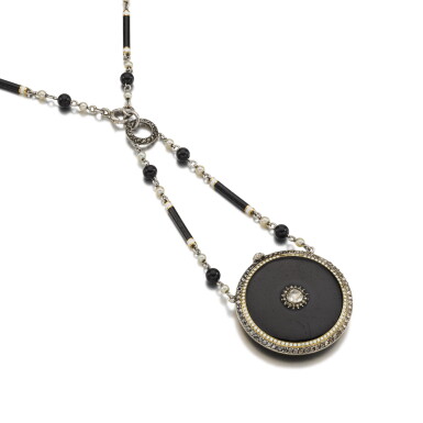 View full screen - View 1 of Lot 143. Onyx, enamel, pearl and diamond pendant watch, circa 1910.