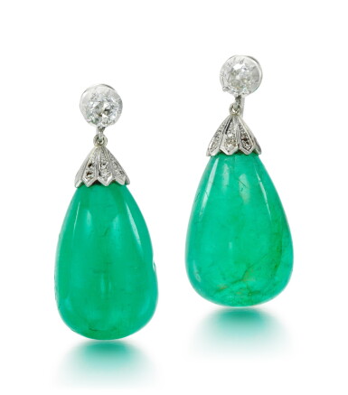 View full screen - View 1 of Lot 99. PAIR OF EMERALD AND DIAMOND EARRINGS, EARLY 20TH CENTURY.