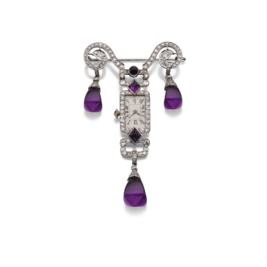 View full screen - View 1 of Lot 205. Montre-broche améthystes et diamants, vers 1925 | Amethyst and diamond lapel watch, circa 1925.